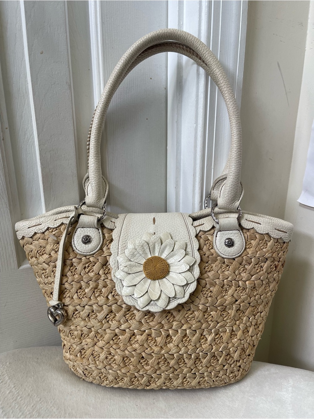 Brighton Natural Straw Tote with White Trim and Daisy Accent